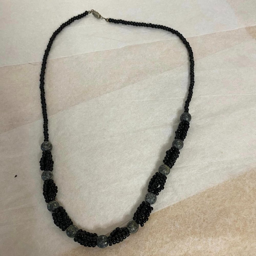 Black Gray Beaded Necklace Twist Closure OS